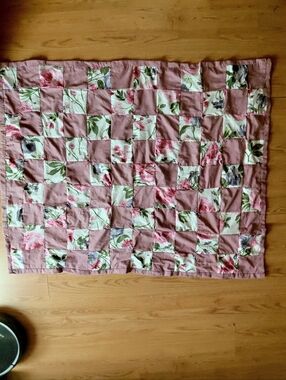 Homemade Baby's Pink Floral Patchwork Tacked Quilt or Lap Quilt  41X52.5